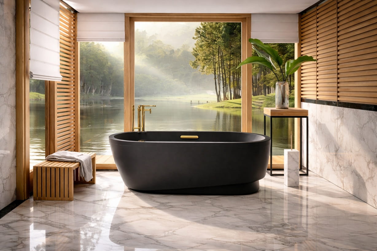 Designer bathtub collection with contemporary finishes and clean bathroom layout